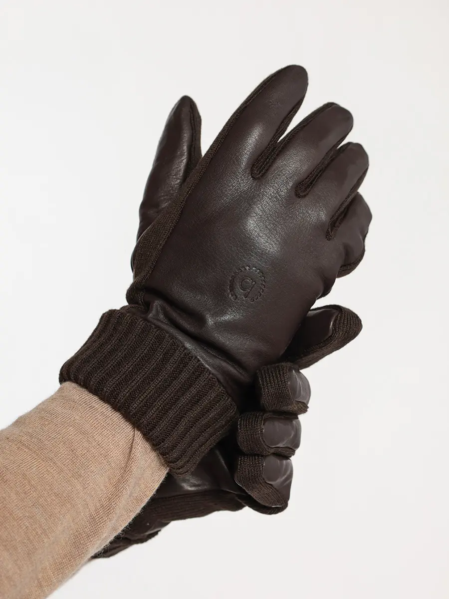 Перчатки комбинированные темно-коричневые с логотипом